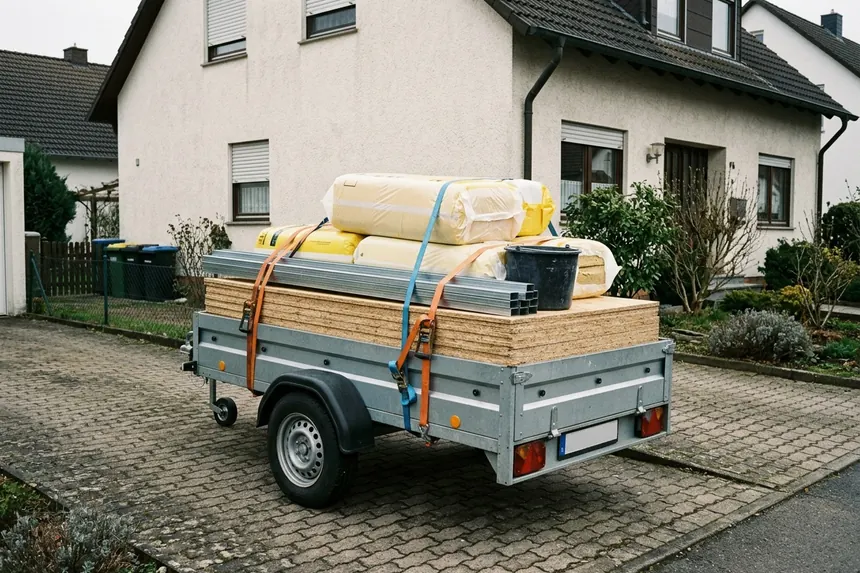 Symbolbild: Anhänger beladen mit Baustoffen vor einem Wohnhaus