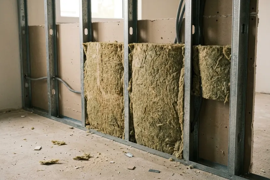 Symbolbild: Mineralwolle zwischen Metall-Ständerwerk einer Trennwand