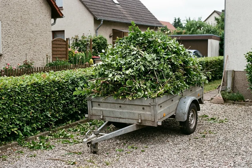 Symbolbild: Anhänger voll Heckenschnitt neben einer Hecke