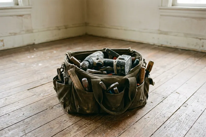 Symbolbild: Werkzeugtasche mit Handwerkzeug auf einem Dielenboden