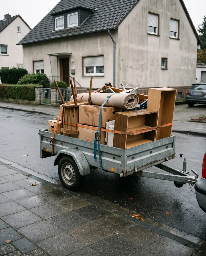 Symbolbild: beladener Anhänger mit Möbeln und Sperrmüll vor einem Wohnhaus