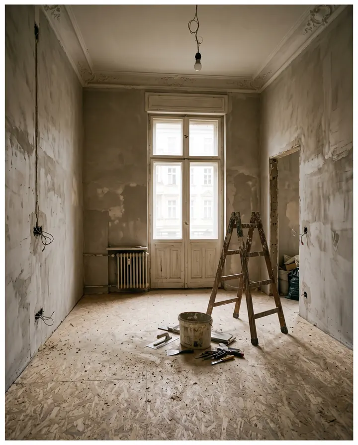 Symbolbild: Altbauzimmer in der Renovierung mit frisch gespachtelten Wänden und neuem OSB-Boden